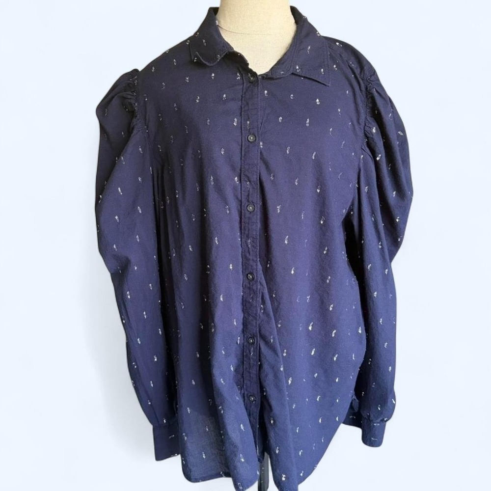 Gap Navy Blue Metallic Embroidered Puff Sleeve Button Down Blouse XXL